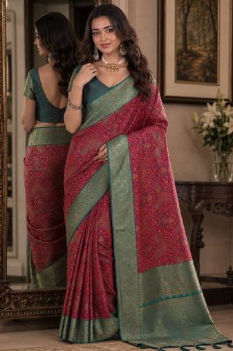 Pink soft silk blend banarasi jacuard work festive saree with unstitched blouse piece