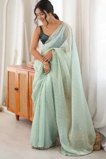 Sea green color smart fendy satin fabric designer ethnic partywear saree