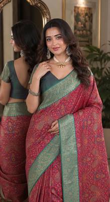Pink soft silk blend banarasi jacuard work festive saree with unstitched blouse piece 2