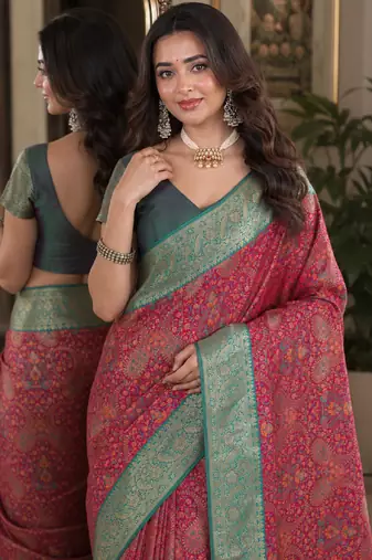 Pink soft silk blend banarasi jacuard work festive saree with unstitched blouse piece