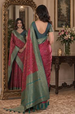 Pink soft silk blend banarasi jacuard work festive saree with unstitched blouse piece 3