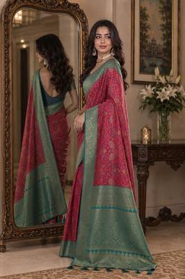 Pink soft silk blend banarasi jacuard work festive saree with unstitched blouse piece 4