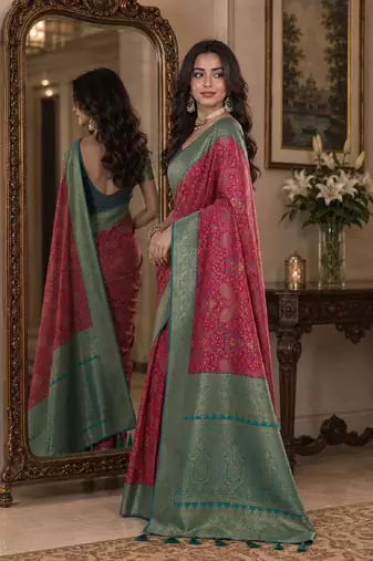 Pink soft silk blend banarasi jacuard work festive saree with unstitched blouse piece