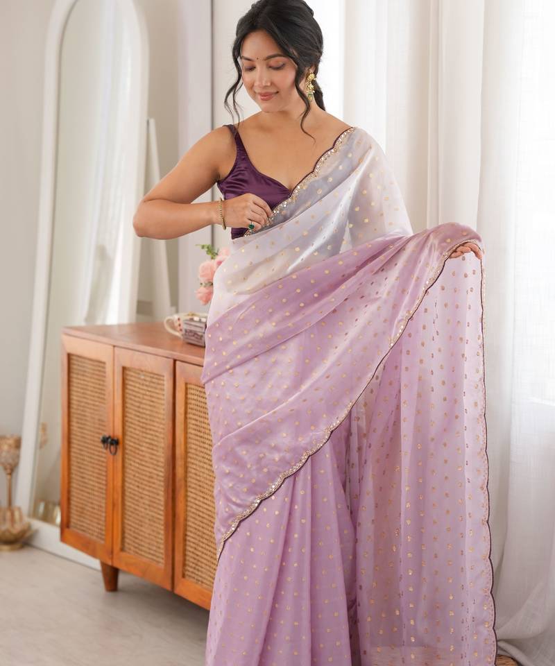 Lavender color smart fendy satin fabric designer ethnic partywear saree