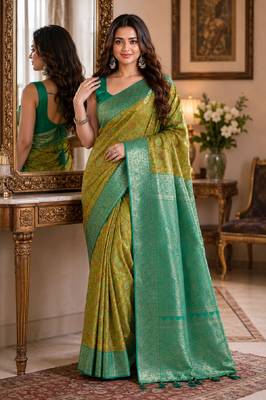 Parrot green soft silk blend banarasi jacuard work festive saree with unstitched blouse piece 1