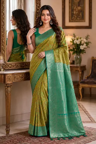 Parrot green soft silk blend banarasi jacuard work festive saree with unstitched blouse piece