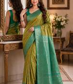 Parrot green soft silk blend banarasi jacuard work festive saree with unstitched blouse piece