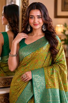 Parrot green soft silk blend banarasi jacuard work festive saree with unstitched blouse piece 2