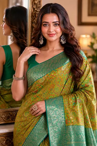 Parrot green soft silk blend banarasi jacuard work festive saree with unstitched blouse piece