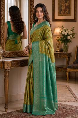 Parrot green soft silk blend banarasi jacuard work festive saree with unstitched blouse piece 3