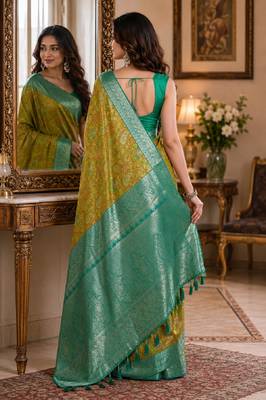Parrot green soft silk blend banarasi jacuard work festive saree with unstitched blouse piece 4