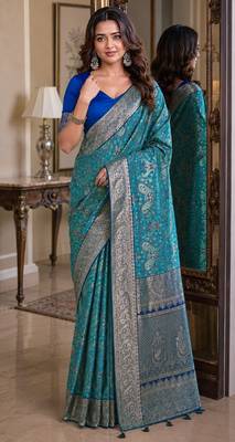 Sky blue soft silk blend banarasi jacuard work festive saree with unstitched blouse piece 1