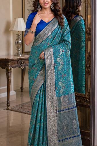 Sky blue soft silk blend banarasi jacuard work festive saree with unstitched blouse piece