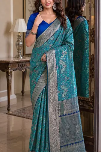 Sky blue soft silk blend banarasi jacuard work festive saree with unstitched blouse piece