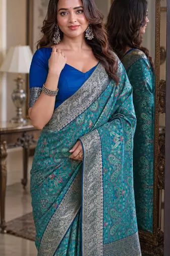 Sky blue soft silk blend banarasi jacuard work festive saree with unstitched blouse piece