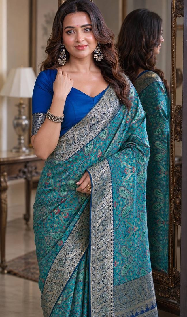 Sky blue soft silk blend banarasi jacuard work festive saree with unstitched blouse piece