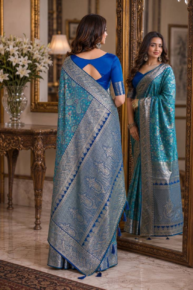 Sky blue soft silk blend banarasi jacuard work festive saree with unstitched blouse piece