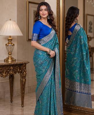 Sky blue soft silk blend banarasi jacuard work festive saree with unstitched blouse piece 4
