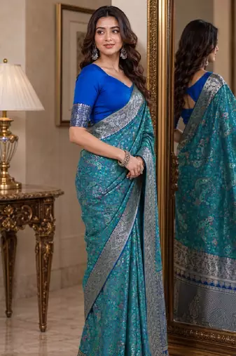 Sky blue soft silk blend banarasi jacuard work festive saree with unstitched blouse piece