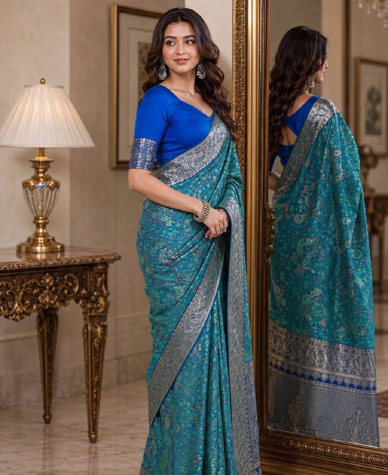 Sky blue soft silk blend banarasi jacuard work festive saree with unstitched blouse piece
