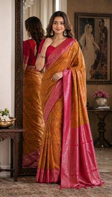 Yellow pink soft silk blend banarasi jacuard work festive saree with unstitched blouse piece 1