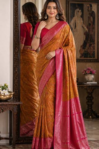 Yellow pink soft silk blend banarasi jacuard work festive saree with unstitched blouse piece