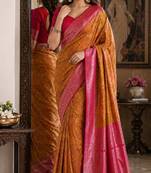 Yellow pink soft silk blend banarasi jacuard work festive saree with unstitched blouse piece