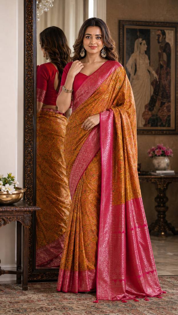 Yellow pink soft silk blend banarasi jacuard work festive saree with unstitched blouse piece
