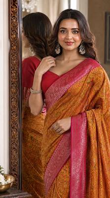 Yellow pink soft silk blend banarasi jacuard work festive saree with unstitched blouse piece 2