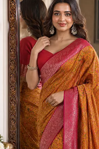 Yellow pink soft silk blend banarasi jacuard work festive saree with unstitched blouse piece