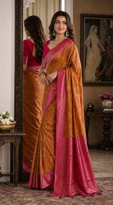 Yellow pink soft silk blend banarasi jacuard work festive saree with unstitched blouse piece 3