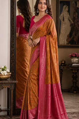 Yellow pink soft silk blend banarasi jacuard work festive saree with unstitched blouse piece