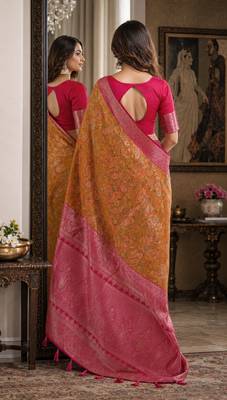 Yellow pink soft silk blend banarasi jacuard work festive saree with unstitched blouse piece 4