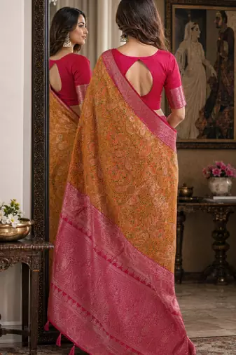 Yellow pink soft silk blend banarasi jacuard work festive saree with unstitched blouse piece