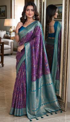 Wine soft silk blend banarasi jacuard work festive saree with unstitched blouse piece 1