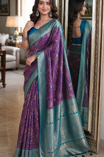 Wine soft silk blend banarasi jacuard work festive saree with unstitched blouse piece