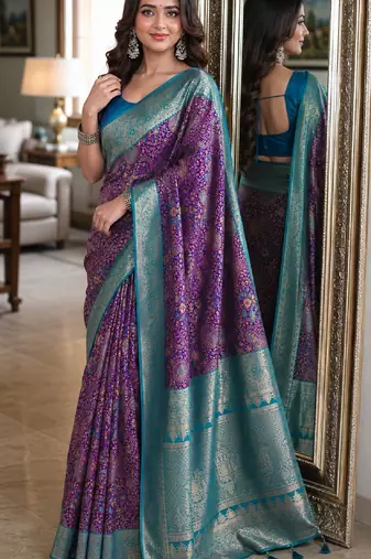 Wine soft silk blend banarasi jacuard work festive saree with unstitched blouse piece