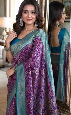 Wine soft silk blend banarasi jacuard work festive saree with unstitched blouse piece 2