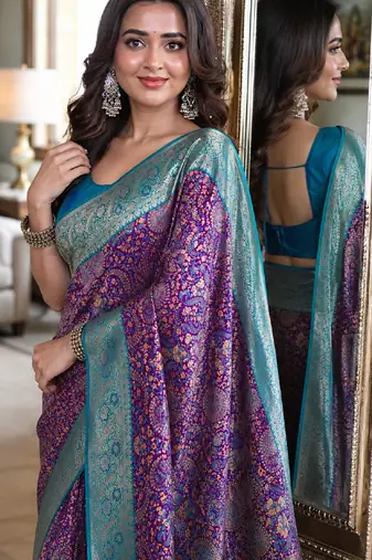 Wine soft silk blend banarasi jacuard work festive saree with unstitched blouse piece