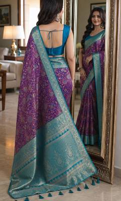 Wine soft silk blend banarasi jacuard work festive saree with unstitched blouse piece 3