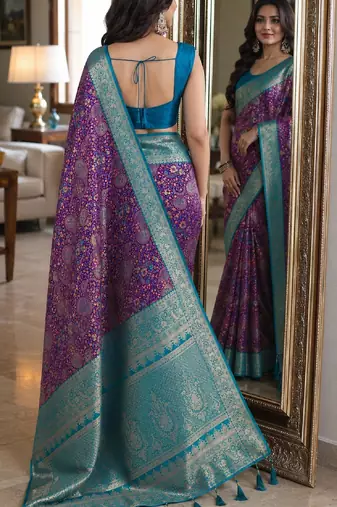 Wine soft silk blend banarasi jacuard work festive saree with unstitched blouse piece