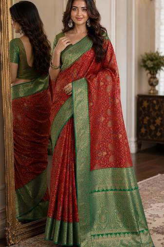 Red soft silk blend banarasi jacuard work festive saree with unstitched blouse piece