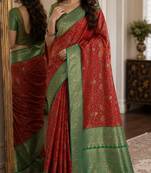 Red soft silk blend banarasi jacuard work festive saree with unstitched blouse piece