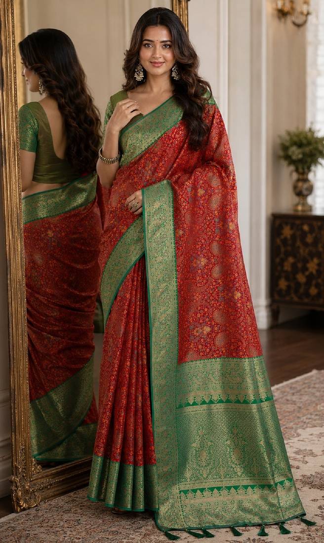 Red soft silk blend banarasi jacuard work festive saree with unstitched blouse piece