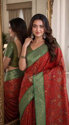 Red soft silk blend banarasi jacuard work festive saree with unstitched blouse piece 2