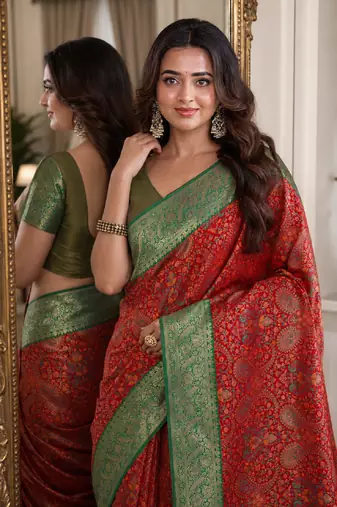 Red soft silk blend banarasi jacuard work festive saree with unstitched blouse piece