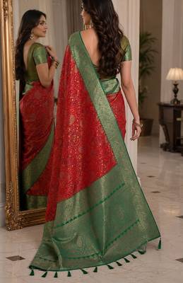 Red soft silk blend banarasi jacuard work festive saree with unstitched blouse piece 3