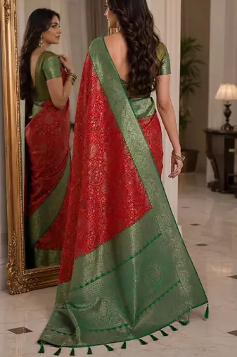 Red soft silk blend banarasi jacuard work festive saree with unstitched blouse piece