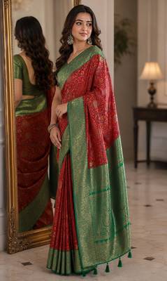 Red soft silk blend banarasi jacuard work festive saree with unstitched blouse piece 4