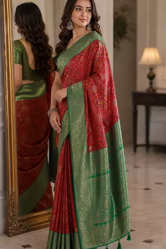 Red soft silk blend banarasi jacuard work festive saree with unstitched blouse piece